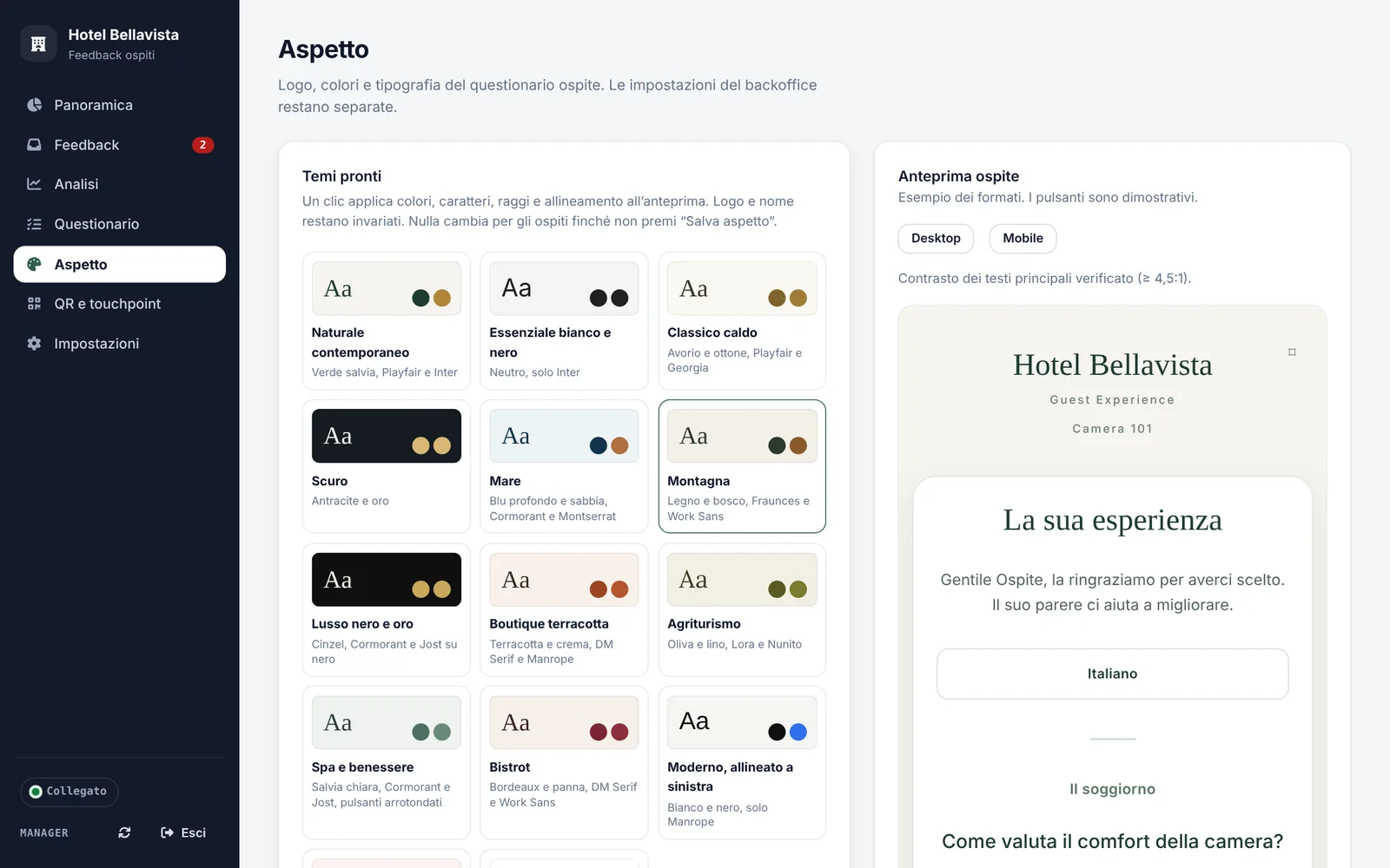 La pagina Aspetto con i temi pronti e l'anteprima del questionario