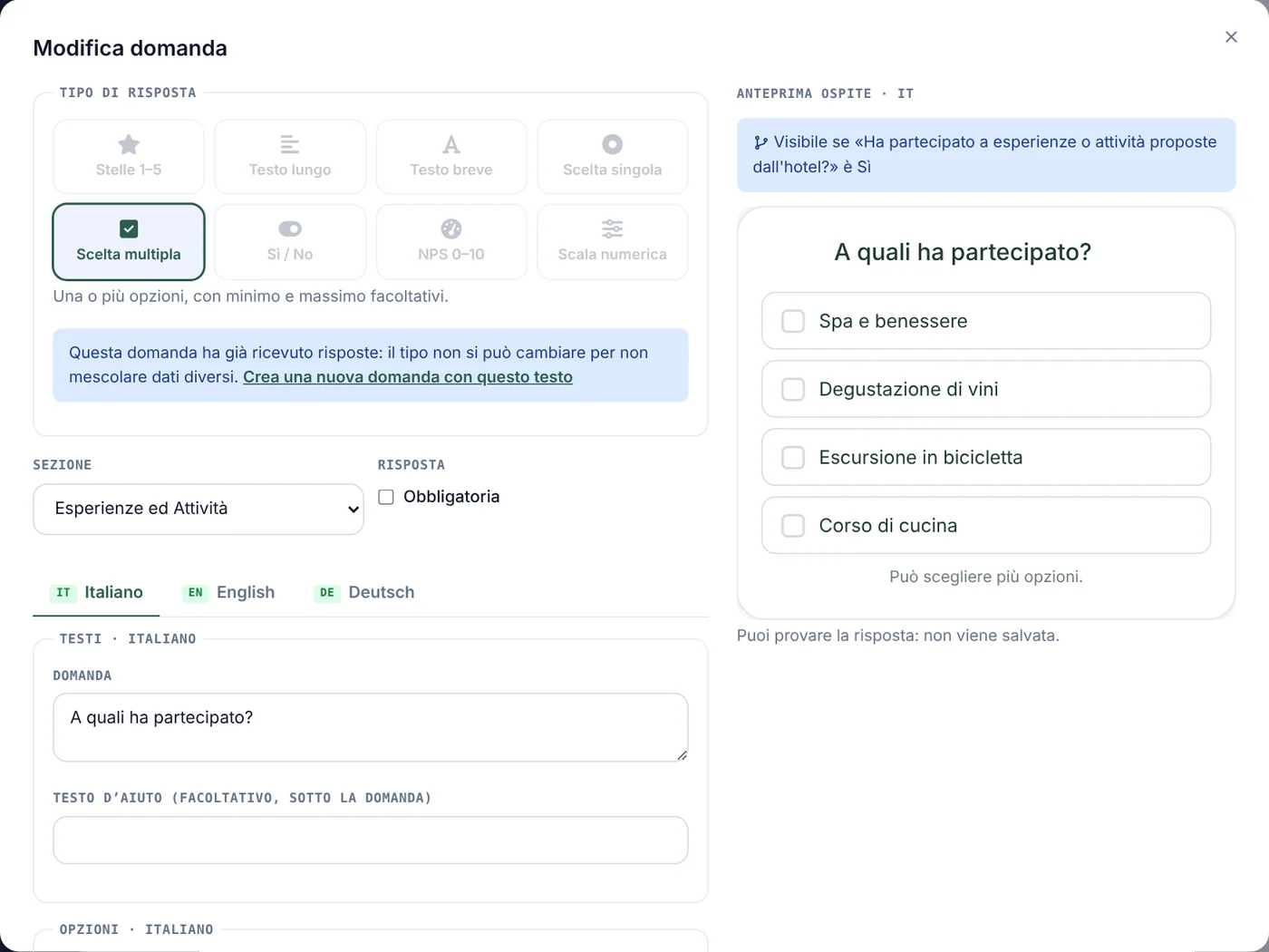 L'editor di una domanda con anteprima dal vivo